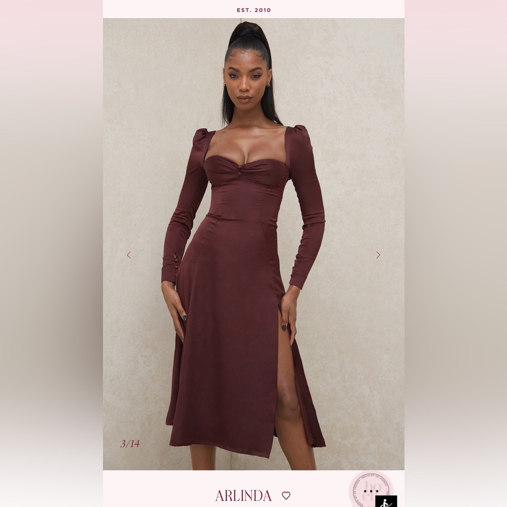 House of CB Arlinda Satin Puff Sleeve Midi Dress in Burgundy Size L